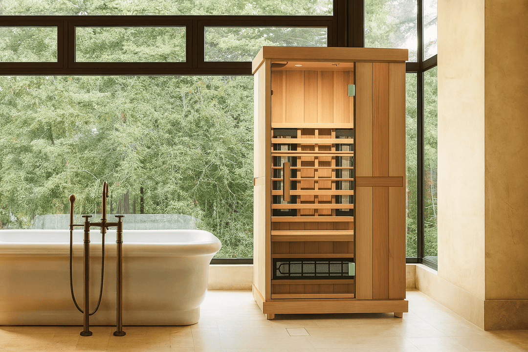 Finnmark FD-1 Full-Spectrum Infrared Sauna in natural wood finish, set in a serene bathroom with large windows