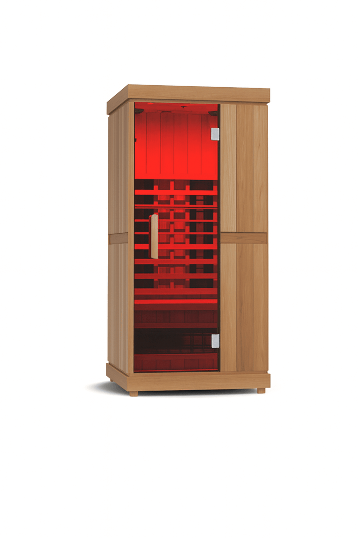 Finnmark FD-1 Full-Spectrum Infrared Sauna with wooden exterior and vibrant red interior for relaxation and wellness