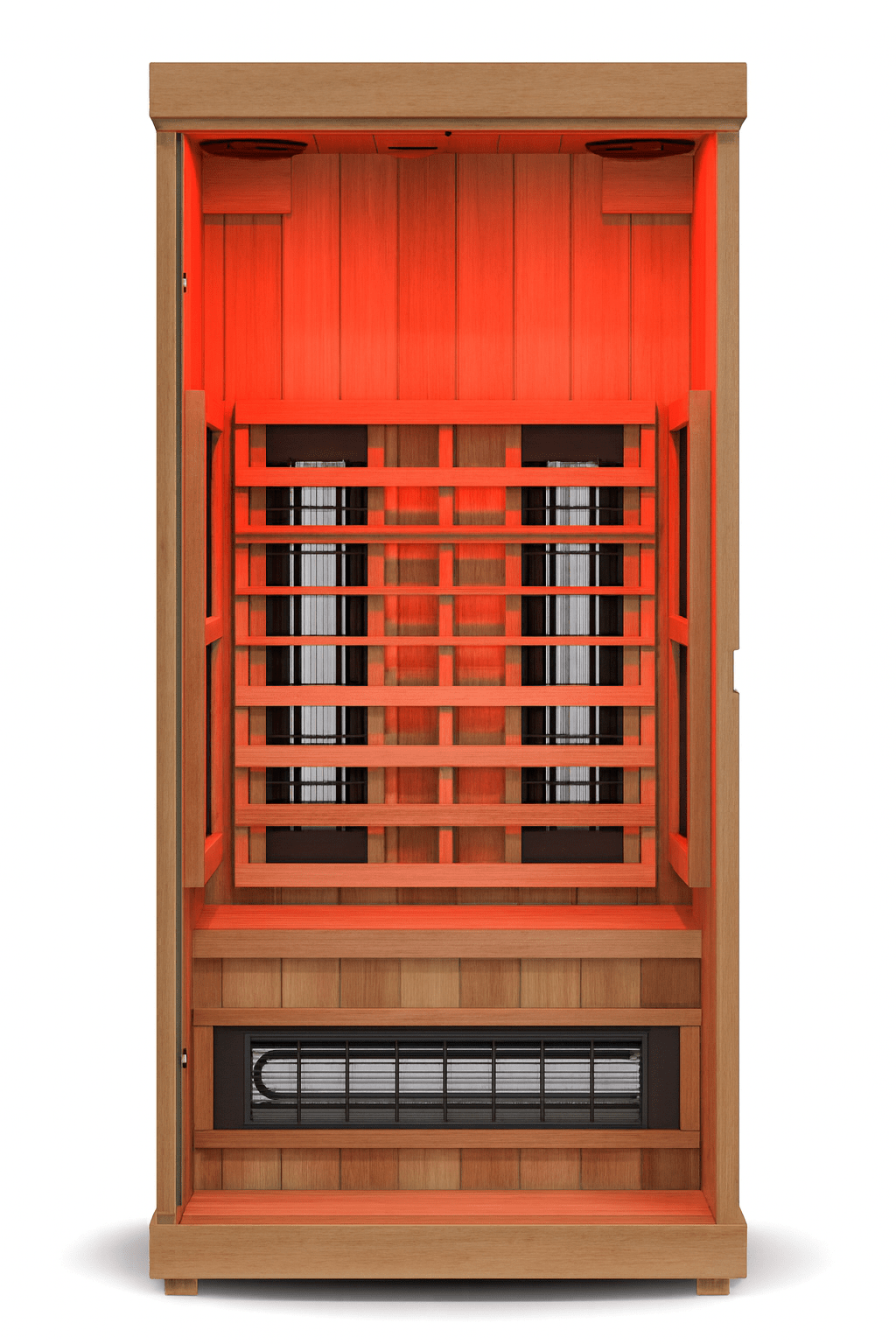 Finnmark FD-1 Full-Spectrum Infrared Sauna with glowing interior and wooden finish for relaxation and wellness