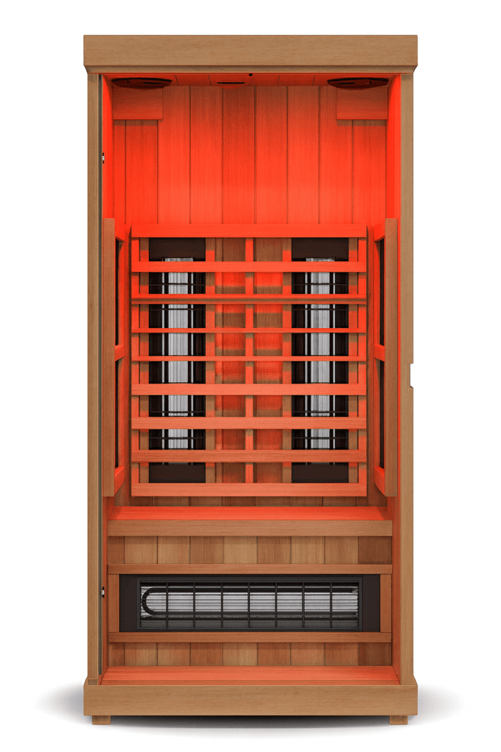 Finnmark FD-1 Full-Spectrum Infrared Sauna with glowing interior and wooden finish for relaxation and wellness