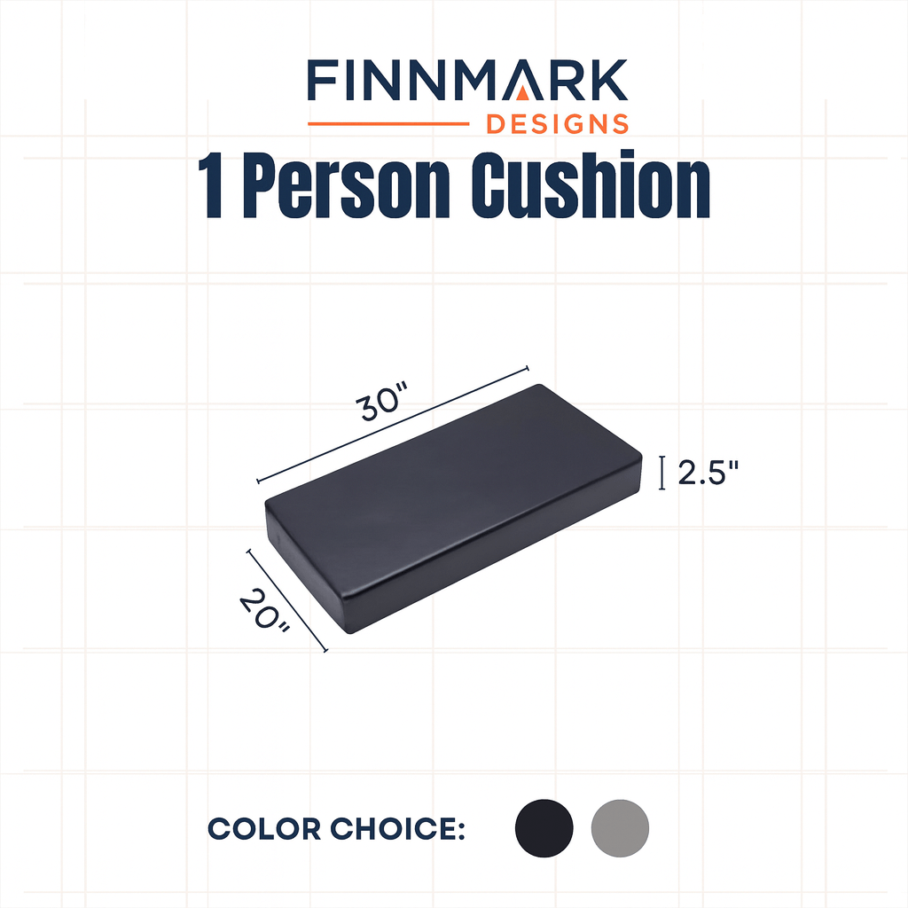 Finnmark FD-1 sauna accessory featuring a black 1 Person Cushion measuring 30x20x2.5 inches