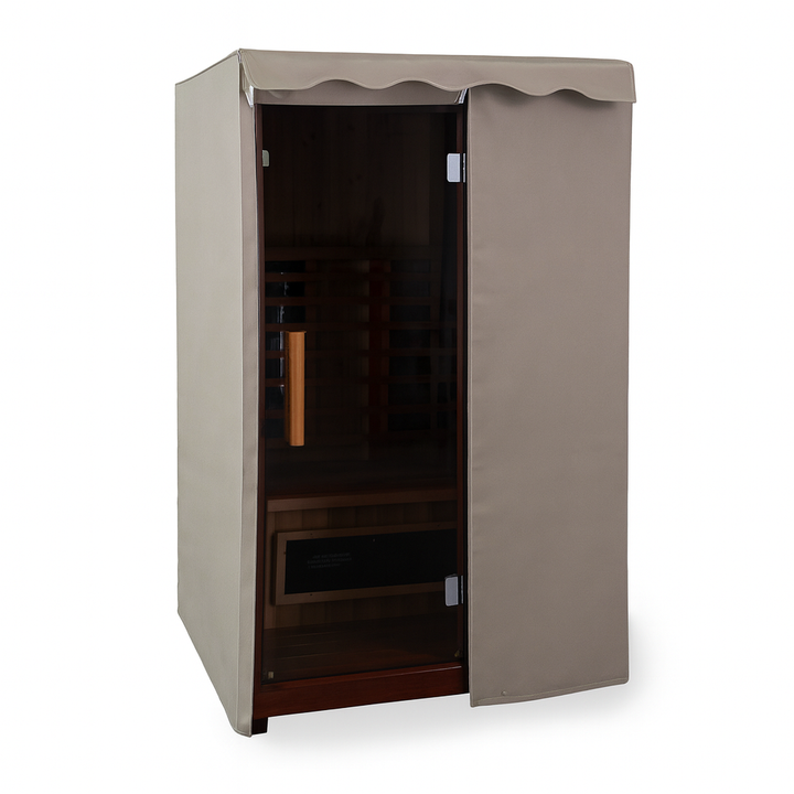 Finnmark FD-2 sauna cover in beige protecting a wooden sauna with a glass door