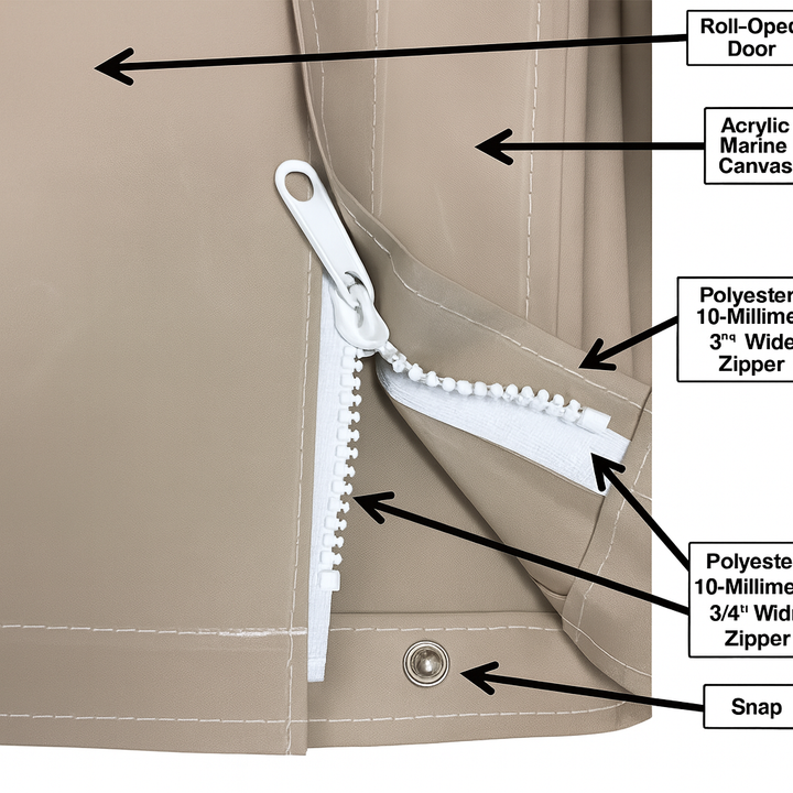 Close-up of Finnmark FD-2 sauna cover showing beige acrylic marine canvas, white zipper, and snap details