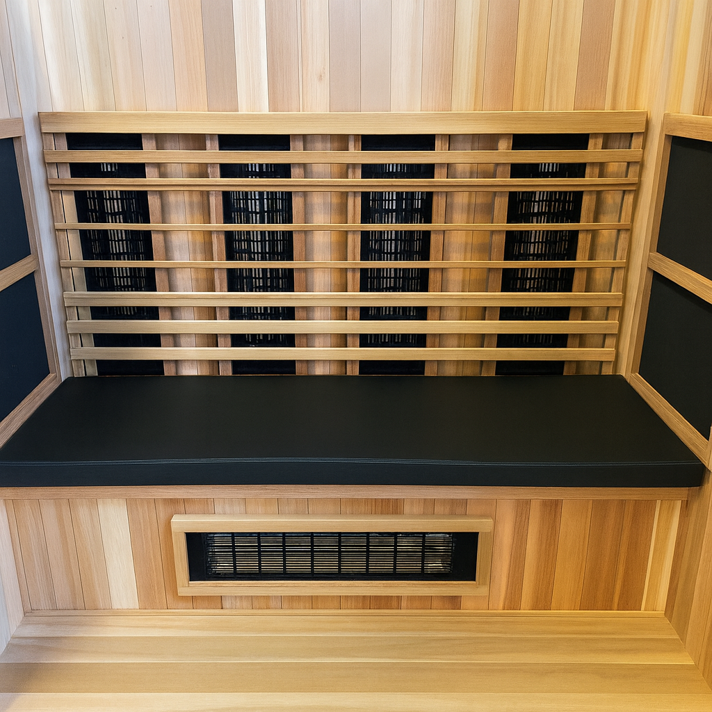 Finnmark FD-3 sauna accessory wooden backrest with black cushioned seat in sauna interior