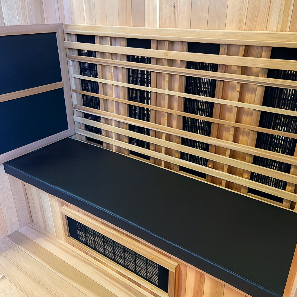 Finnmark FD-3 sauna accessory black padded bench cushion inside wooden sauna cabin