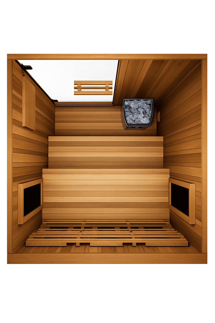Interior view of the Finnmark FD-4 Trinity Infrared Sauna with wooden benches and heater