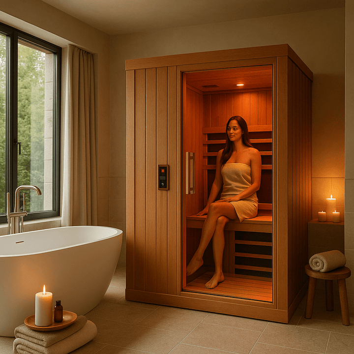 Finnmark FD-4 Trinity Infrared Sauna with a woman relaxing inside a modern bathroom