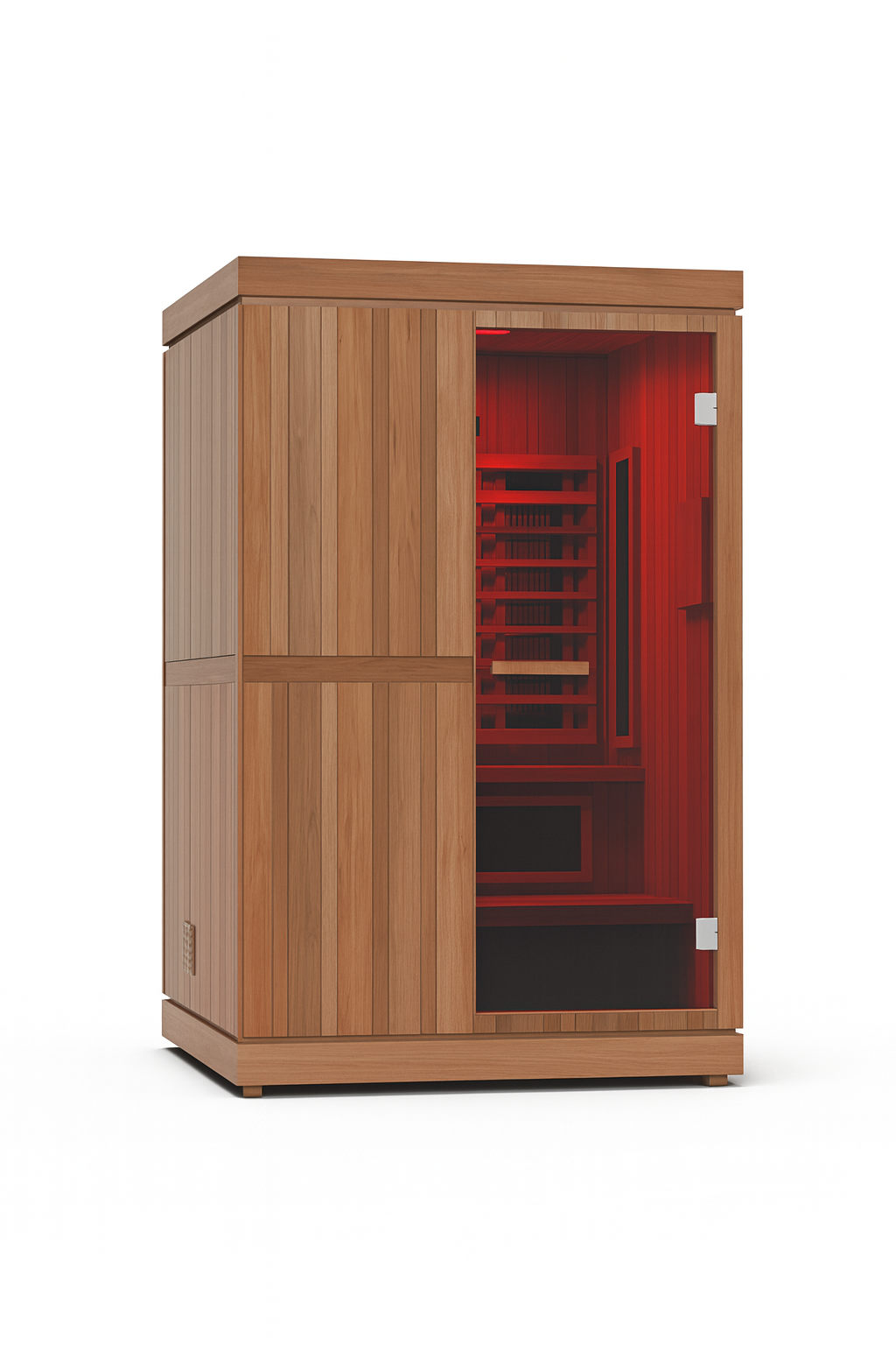Finnmark FD-4 Trinity infrared sauna with wooden exterior and red interior lighting