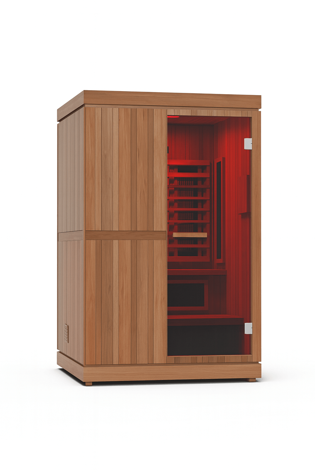 Finnmark FD-4 Trinity Infrared Sauna with Wooden Exterior and Red Interior Lighting for Relaxation