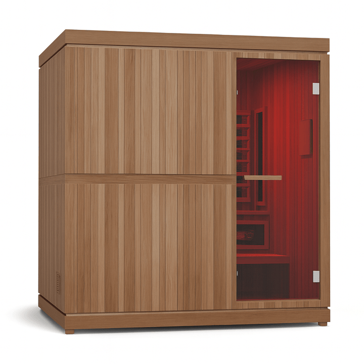 Finnmark FD-5 Trinity XL Infrared Sauna with sleek wood finish and red interior lighting for relaxation
