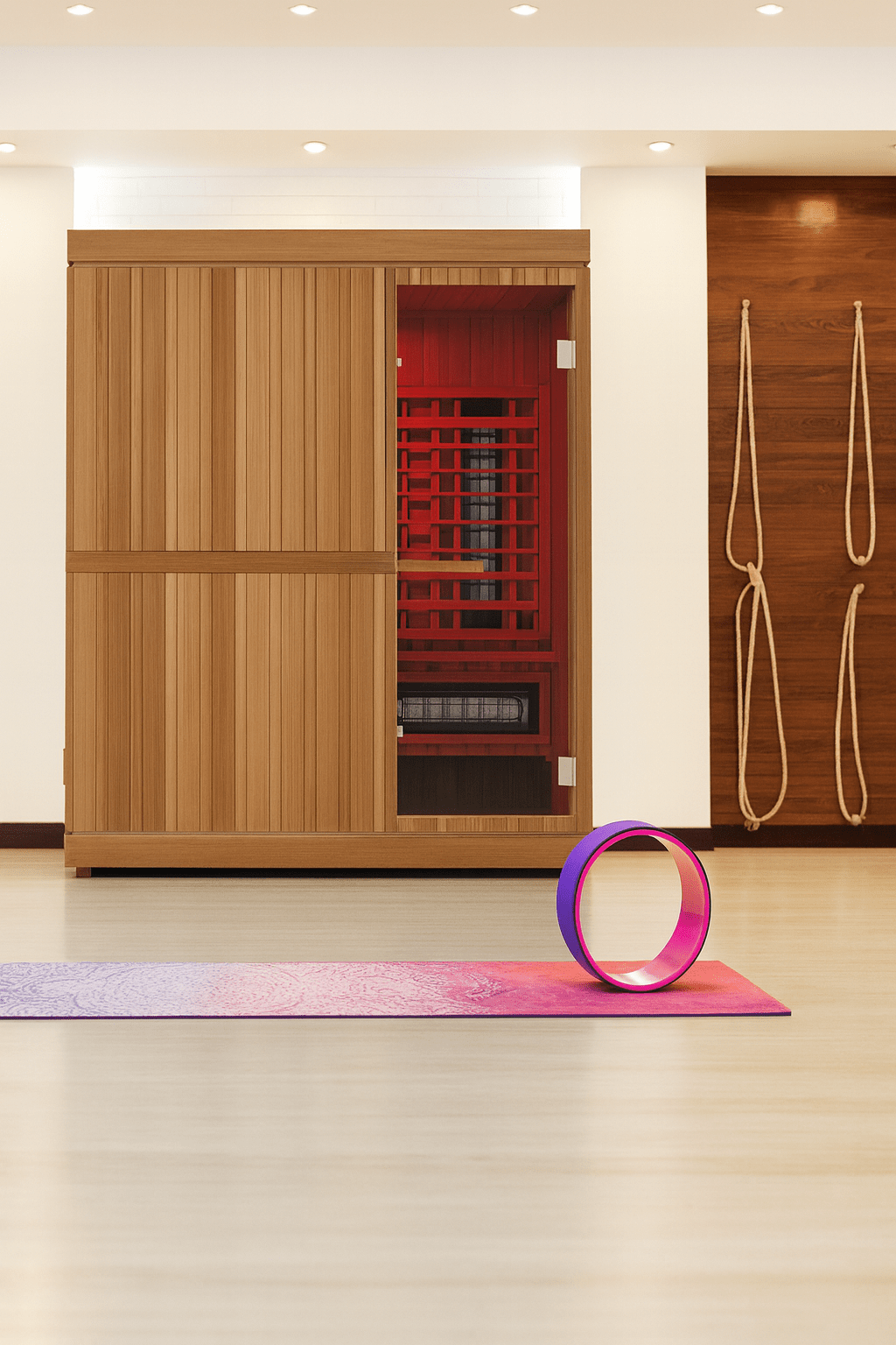 Finnmark FD-5 Trinity XL Infrared Sauna in a modern wellness studio with yoga mat and exercise props