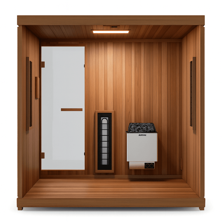 Finnmark FD-5 Trinity XL infrared sauna featuring natural wood interior and sleek design