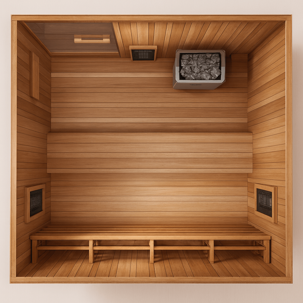 Finnmark FD-5 Trinity XL Infrared Sauna Interior with Wooden Benches and Heater