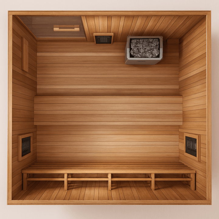 Finnmark FD-5 Trinity XL Infrared Sauna Interior with Wooden Benches and Heater