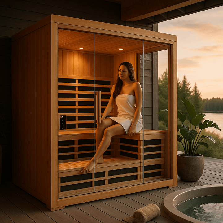 Finnmark FD-5 Trinity XL Infrared Sauna with glass doors and relaxing interior for home wellness