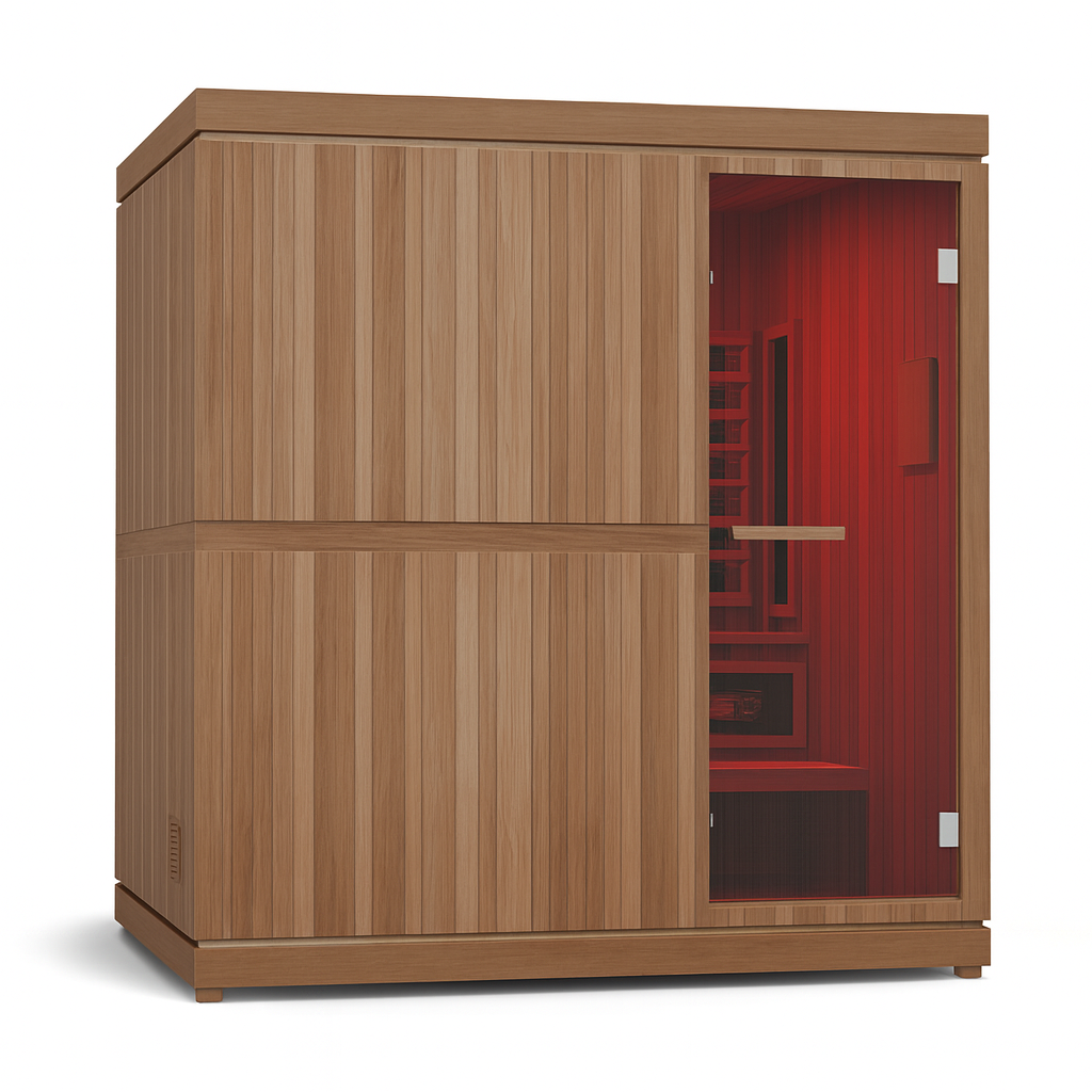 Finnmark FD-5 Trinity XL infrared sauna with wooden exterior and glass door featuring red interior lighting