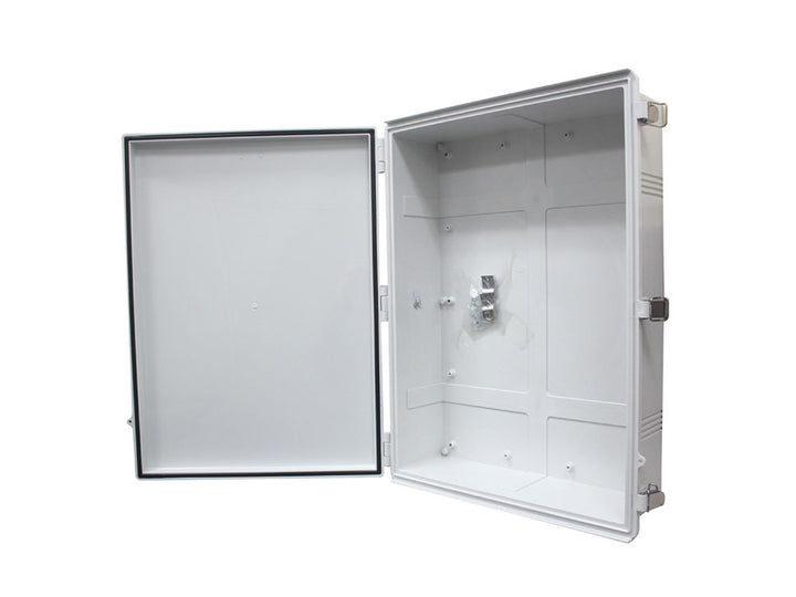 SaunaLife outdoor sauna electrical enclosure with open door showing interior metal mounting panel