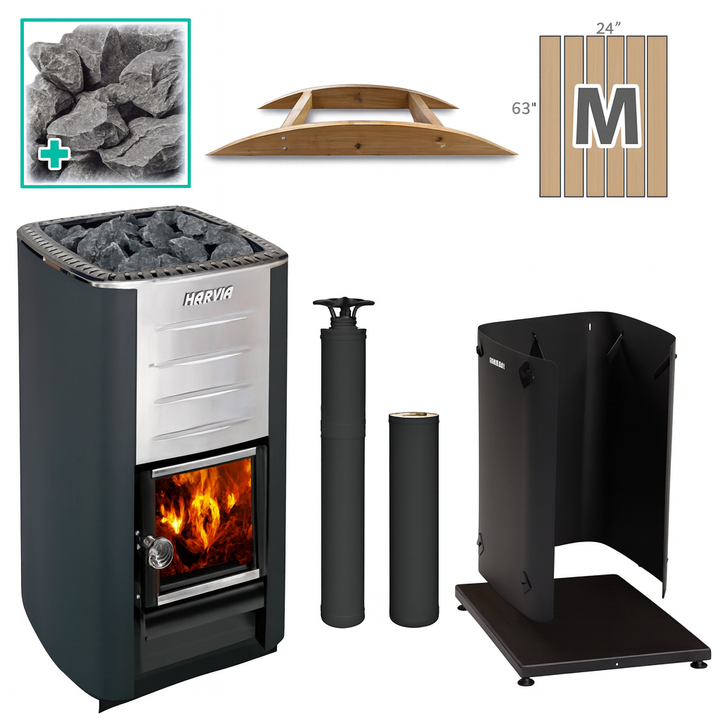 Harvia 16.5kW wood-burning sauna stove kit with stones, chimney pipe, wooden sauna backrest, and heat shield
