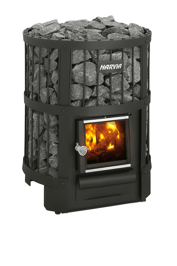 Harvia 16kW sauna heater for home with a black finish and stone-filled top for efficient heating