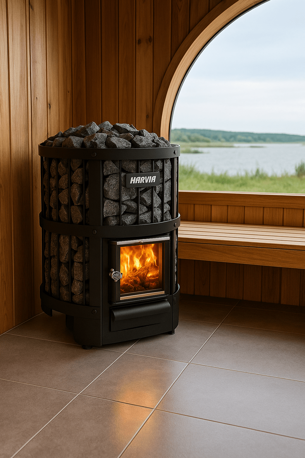 Harvia 16kW sauna heater for home with stone design and glass door, ideal for relaxing sauna experiences