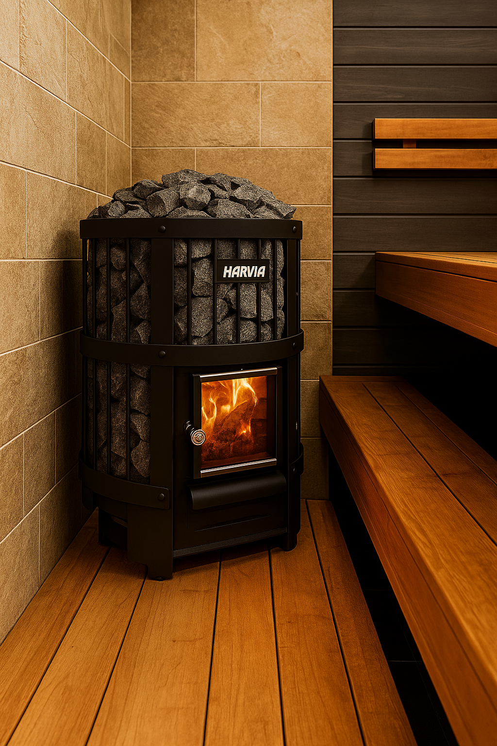 Harvia 16kW sauna heater for home with stone filled fire chamber in wooden sauna interior