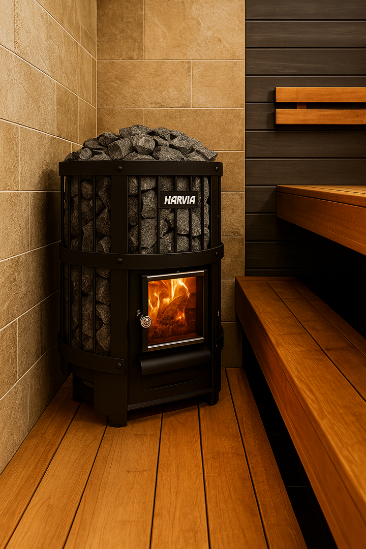 Harvia 16kW sauna heater for home with stone filled fire chamber in wooden sauna interior