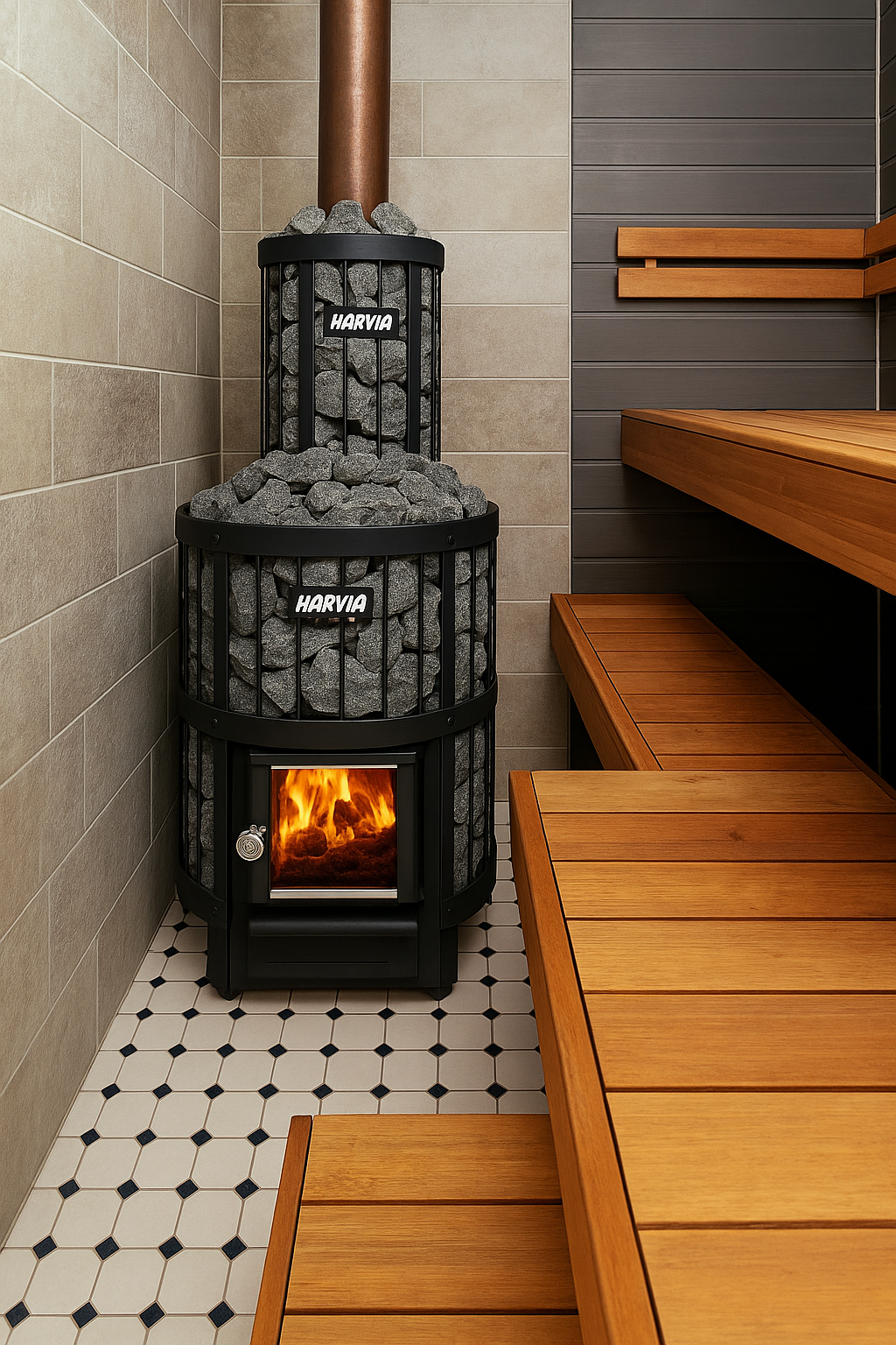 Harvia 16kW sauna heater for home wood burning stove with sauna stones and visible fire beside wooden benches