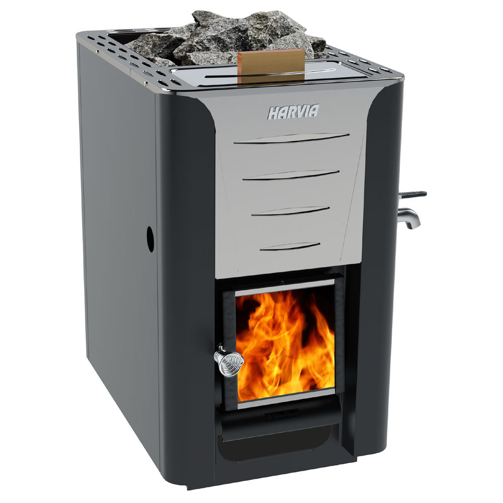 Harvia 16kW sauna heater for home with metal body wood-burning fire chamber and sauna stones