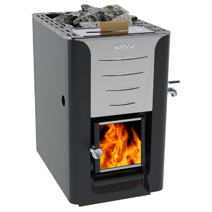 Harvia 16kW sauna heater for home with metal body wood-burning fire chamber and sauna stones
