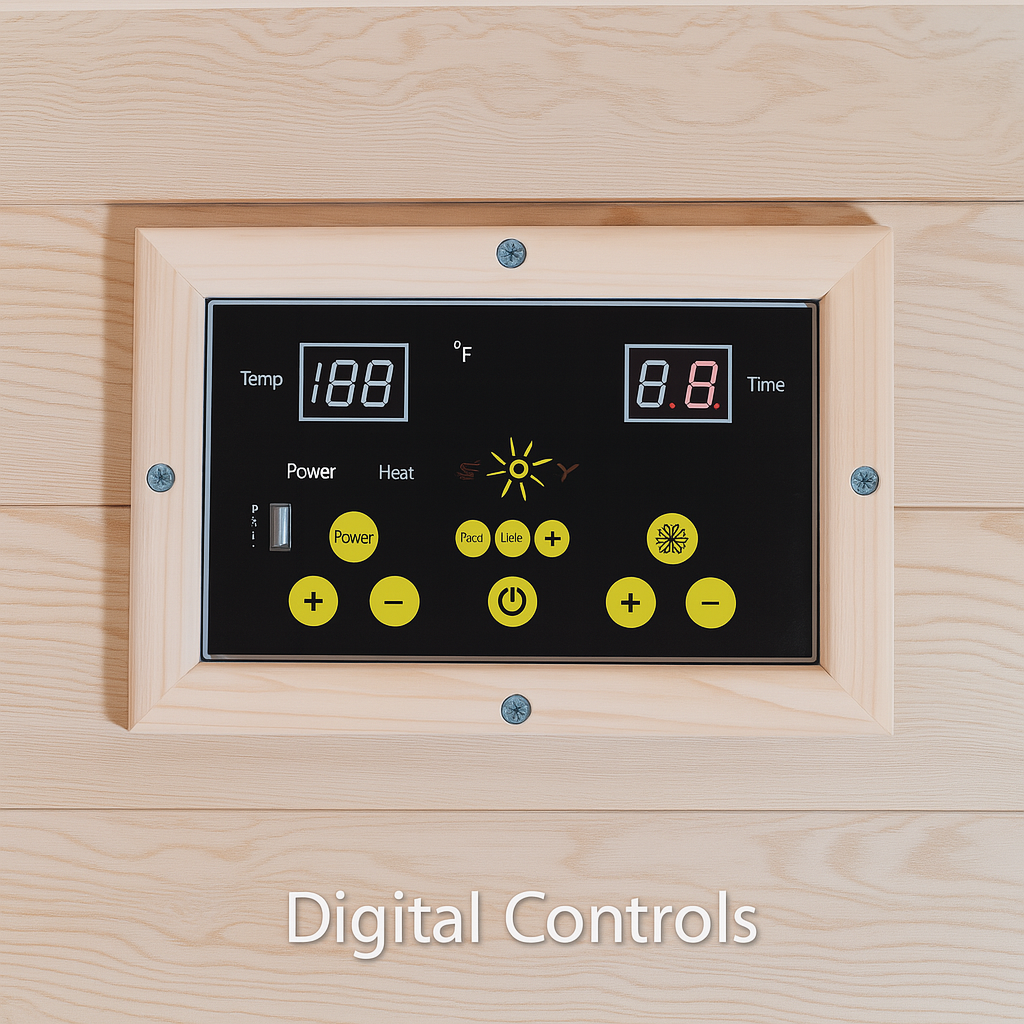 Digital control panel of SunRay 2-person outdoor sauna showing temperature and timer settings
