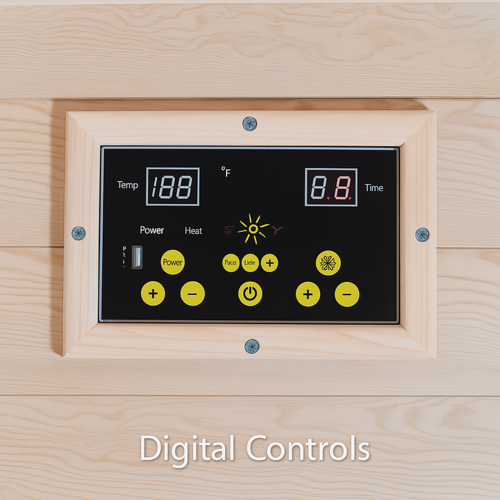Digital control panel of SunRay 2-person outdoor sauna showing temperature and timer settings