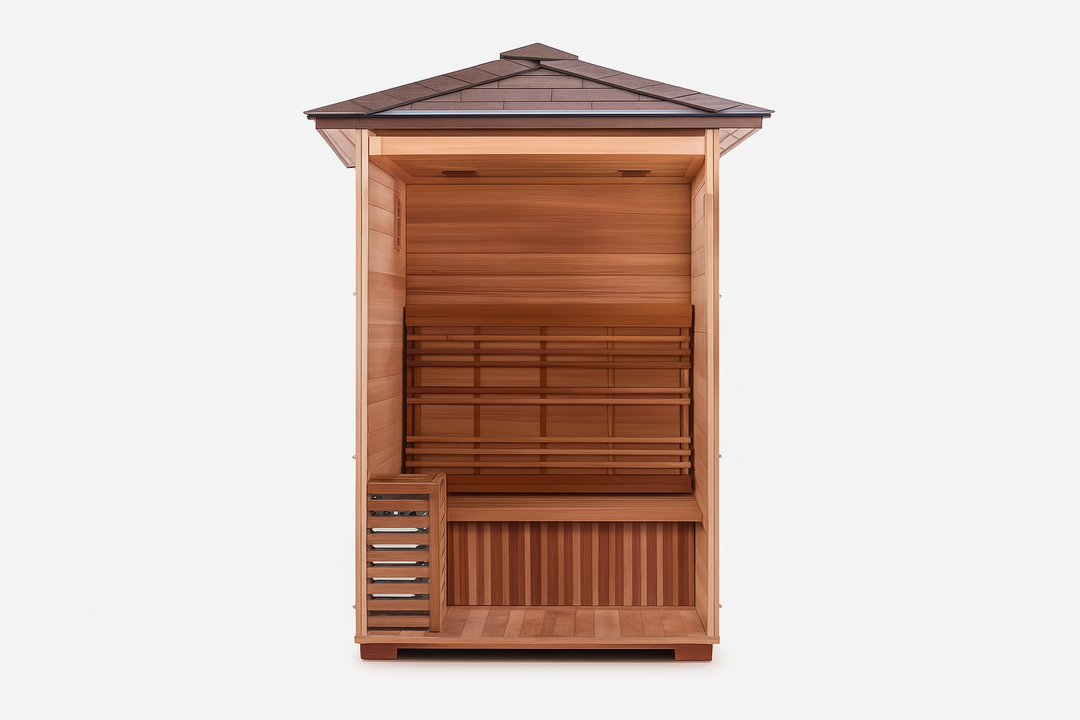 SunRay traditional 2-person outdoor sauna with wooden interior and compact design