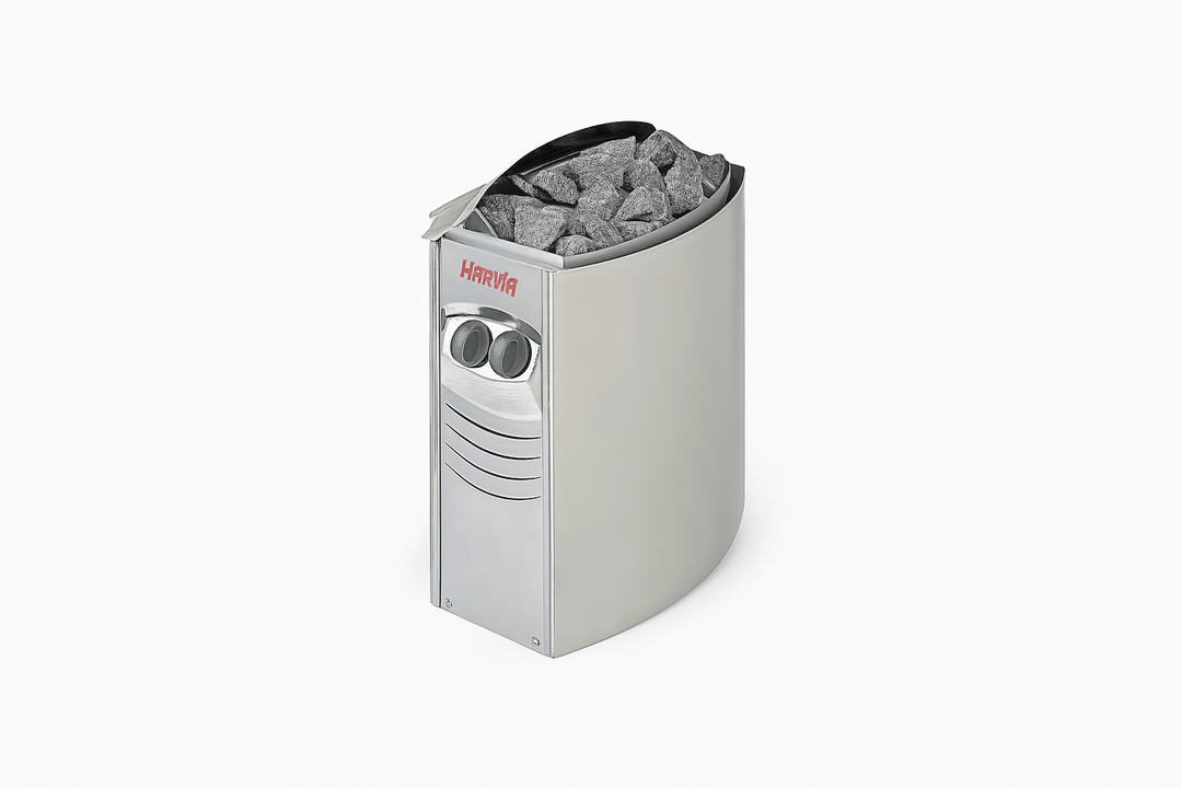 Harvia heater for 2-person outdoor sauna with stacked stones for optimal heating and relaxation