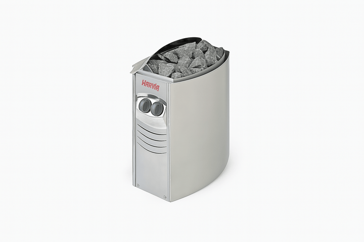 Harvia heater for 2-person outdoor sauna with stacked stones for optimal heating and relaxation