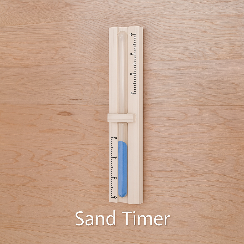 SunRay 2-person outdoor sauna wooden sand timer with blue sand on light wood background