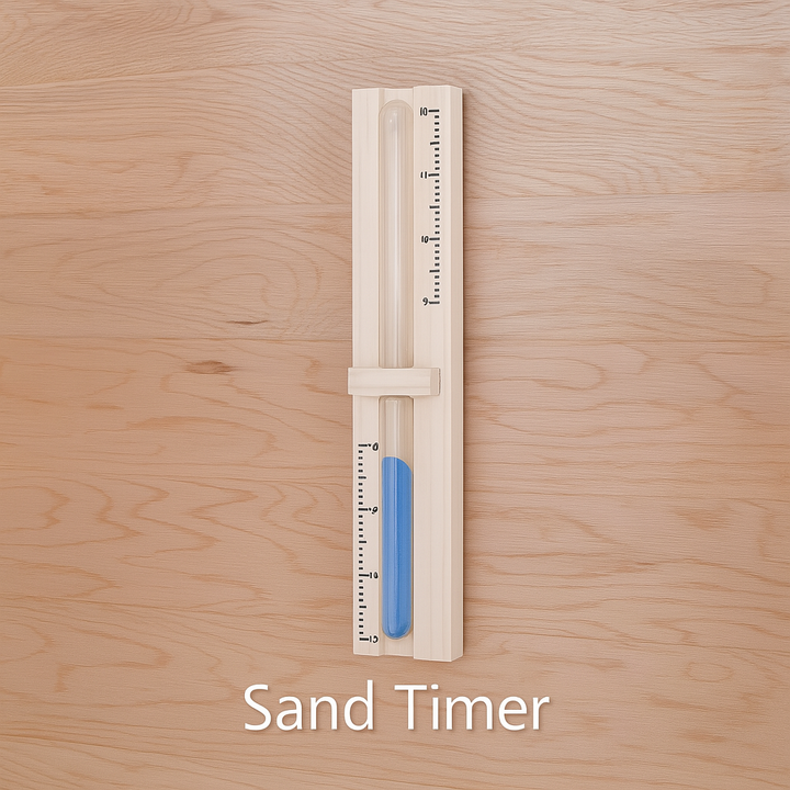SunRay 2-person outdoor sauna wooden sand timer with blue sand on light wood background