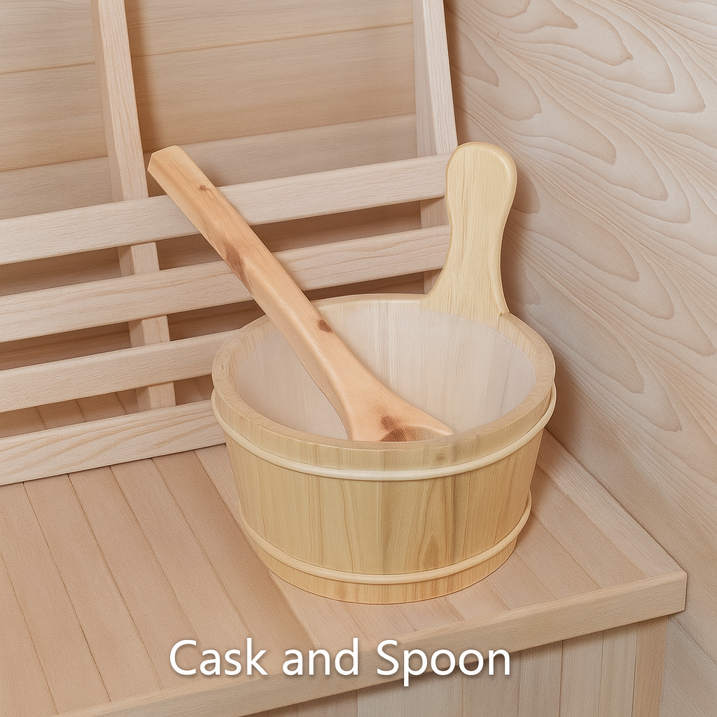 Wooden cask and spoon inside SunRay 2-person outdoor sauna made of light wood