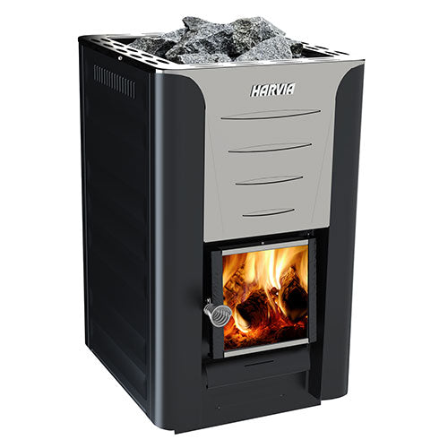 Harvia 26 Pro sauna heater with firewood burning chamber and sauna stones on top