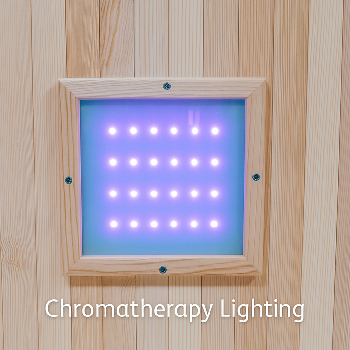 SunRay traditional sauna chromatherapy lighting panel highlighting 3-person outdoor sauna feature
