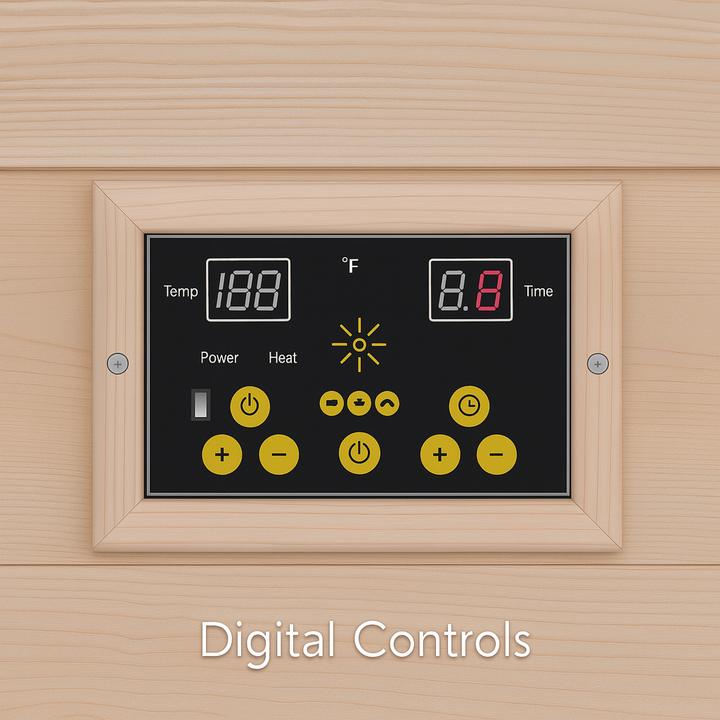 SunRay traditional sauna digital control panel for 3-person outdoor sauna with temperature and timer settings