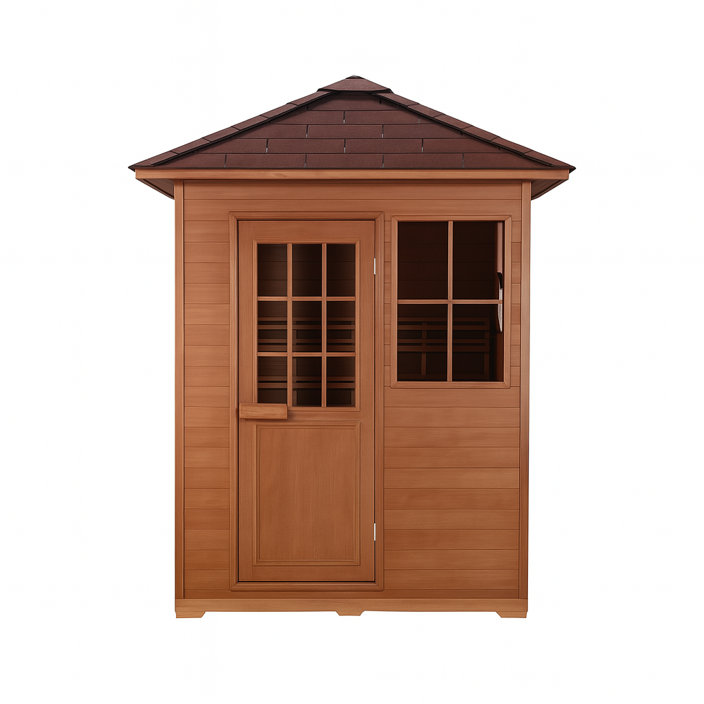 SunRay traditional 3-person outdoor sauna with wooden exterior and glass door window
