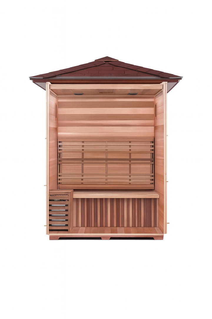 SunRay traditional 3-person outdoor sauna with wooden interior and compact design