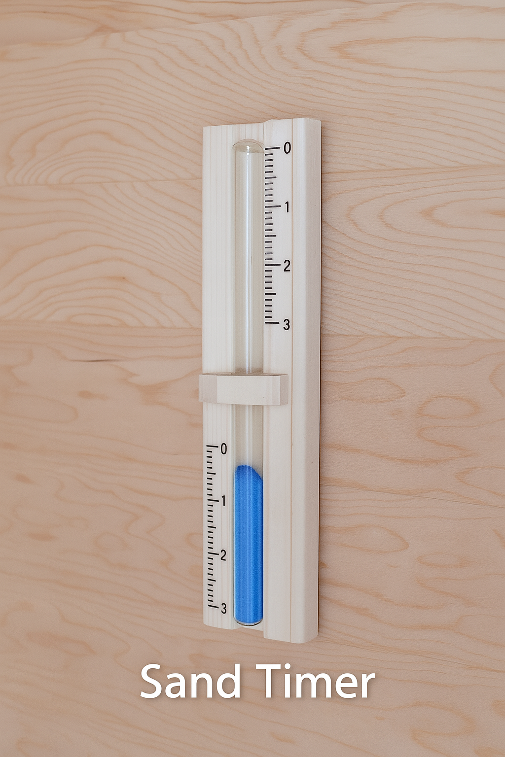 Close-up of sand timer inside a SunRay traditional 3-person outdoor sauna with wooden walls
