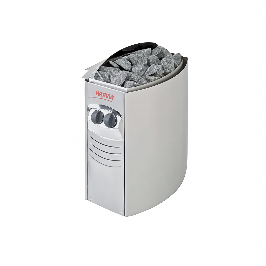 Harvia sauna heater with control knobs and sauna rocks for 3-person outdoor sauna by SunRay