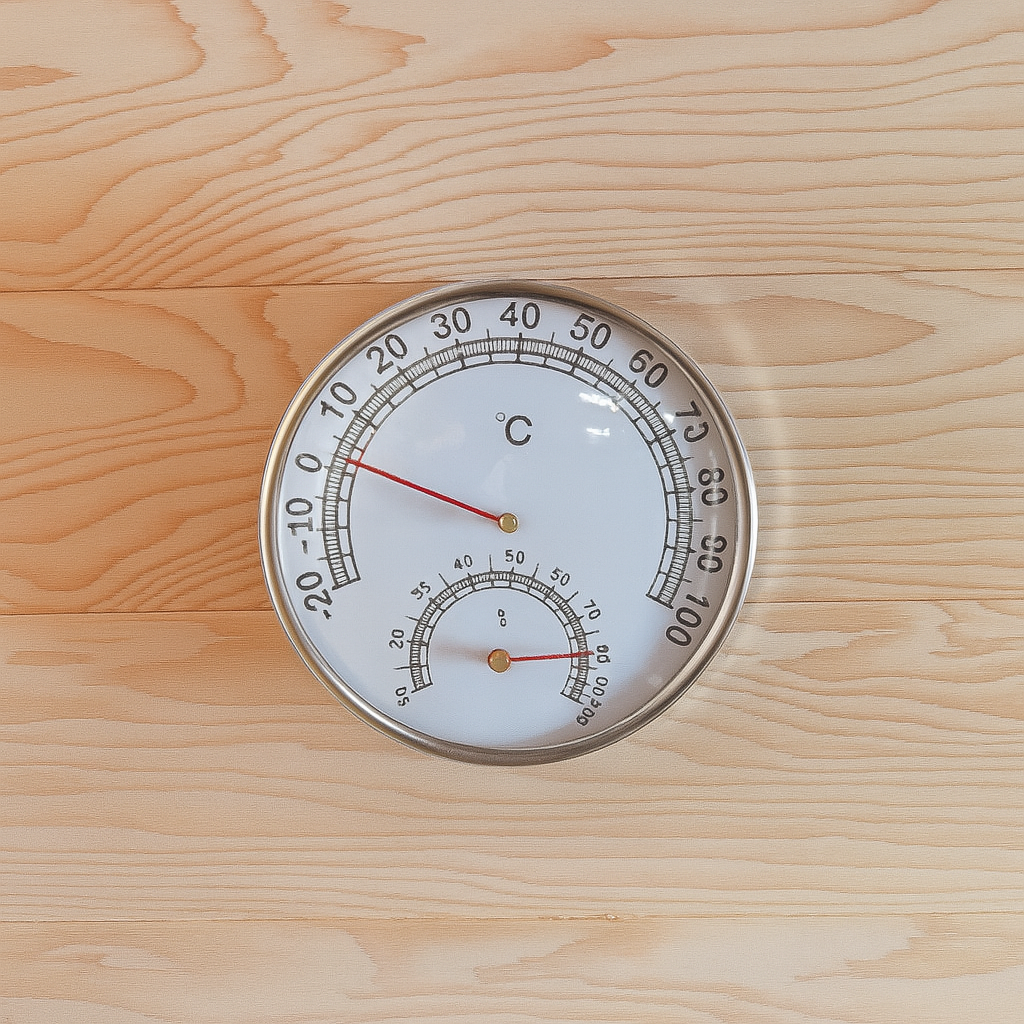 Temperature and humidity gauge inside SunRay 3-person outdoor sauna with wooden interior walls