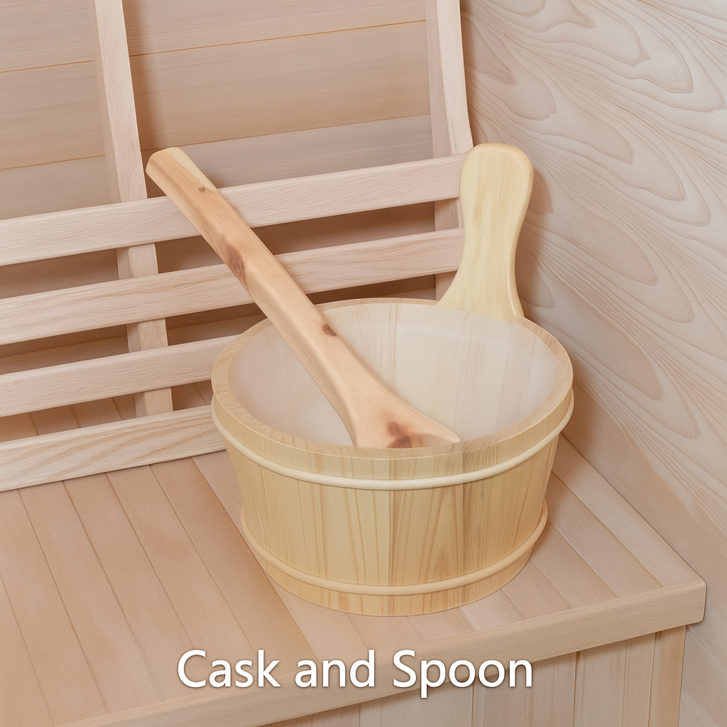 Wooden cask and spoon inside SunRay 3-person outdoor sauna made from light wood