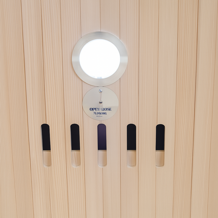 SunRay traditional 3-person outdoor sauna wooden vent and round window detail