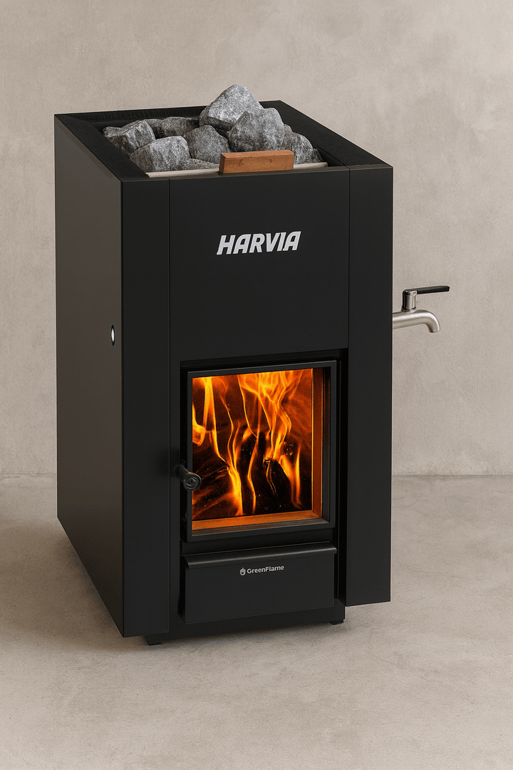 Harvia 36 Pro Sauna Heater with a sleek design and visible flames, ideal for home saunas