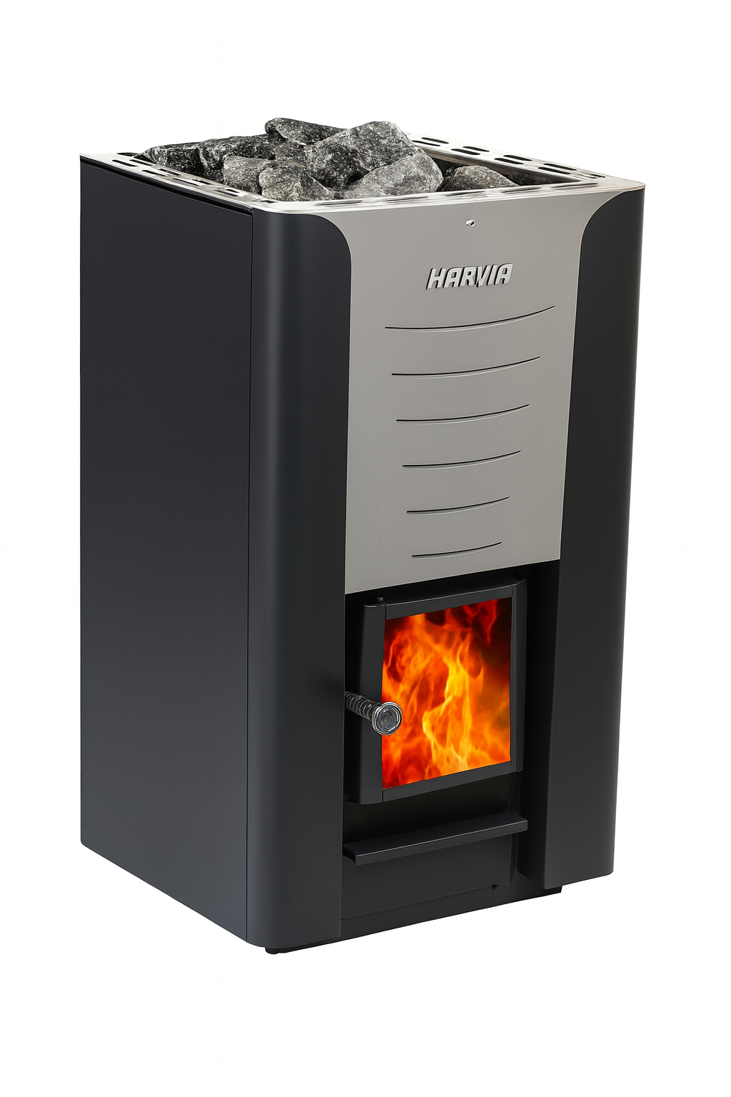 Harvia 36 Pro sauna heater with visible flames and stones on top in black and silver finish