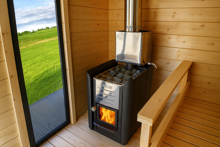 Harvia 36 Pro sauna heater with wood-burning fire and sauna stones in wooden room